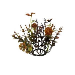 May include: A circular artificial plant arrangement featuring dark green and brown stems with small, rounded leaves and textured, spherical orange-brown flower heads. The base consists of a thin, dark, circular wire frame supporting the foliage.