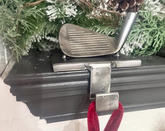 Metal Golf Club Stocking Holder – Handmade Golf Lover Christmas Mantel Hanger, Golf Gift, Rustic Golfer Gift for him or her