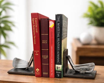 Golf Club Bookends | Heavy Metal Golf Gift | Golfer Decor | Office & Man Cave Shelf Organizer | Golfing Gift | Golf Office Shelves