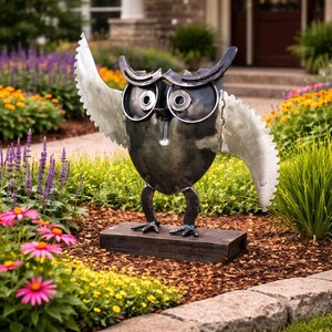 May include: A metal owl sculpture with outstretched wings, made from various metal components. The owl features large, round eyes and a dark, metallic finish. It stands on a rectangular base, set in a colourful garden.