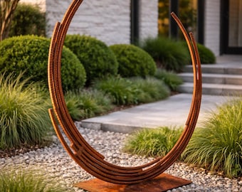 Large Metal Garden Sphere Sculpture – Modern Outdoor Yard Art Orb – Rusted Steel Landscape Decor – Minimalist Garden Accent
