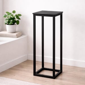 May include: A tall, black, square plant stand with a minimalist design. The stand is made of black metal and has a square top and base, connected by four vertical supports. The stand is approximately 30 inches tall.