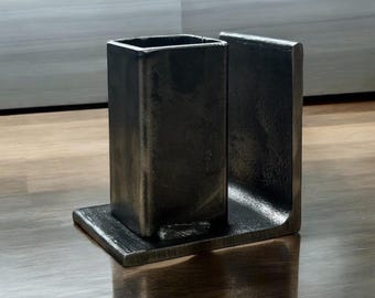 Metal Bookend Pen Holder, Industrial Desk Organizer, Modern Steel Book End, Minimalist Office Decor, Gift for Him