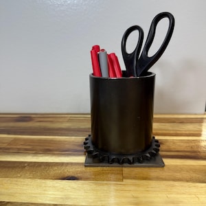 Large metal industrial gear pen pencil holder, large office desk organizer, steampunk pen pencil holder