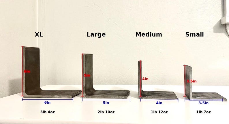 May include: Four metal L-shaped brackets in varying sizes: XL, Large, Medium, and Small. XL measures 6in x 6in, Large is 5in x 5in, Medium is 4in x 4in, and Small is 3.5in x 3.5in. Weights are also indicated.