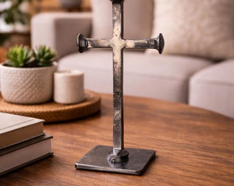 Handmade Metal Cross Decor, Christian Gift, Steel Cross Sculpture, Religious Home Decor, Rustic Faith Gift, Desk or Shelf Cross