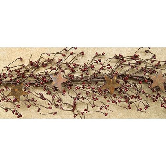 Primitive Country Floral Vine BURGUNDY & TAN PIP BERRY GARLAND w/ RUSTY STARS 