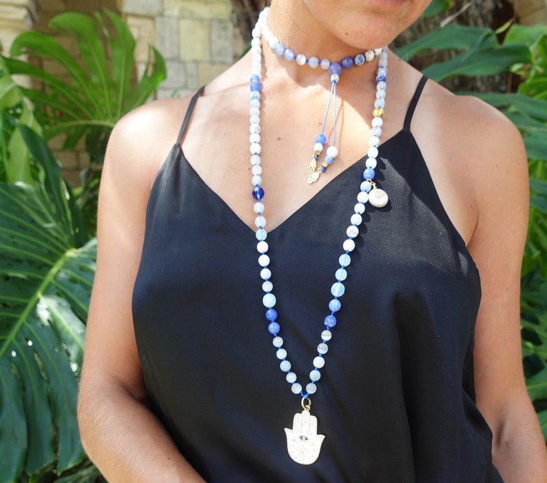 18k Gold 925 sterling silver Women\u2019s Mala necklace 108 Bead Protective Hamsa Evil Eye Unblock your blessings manifest your desires
