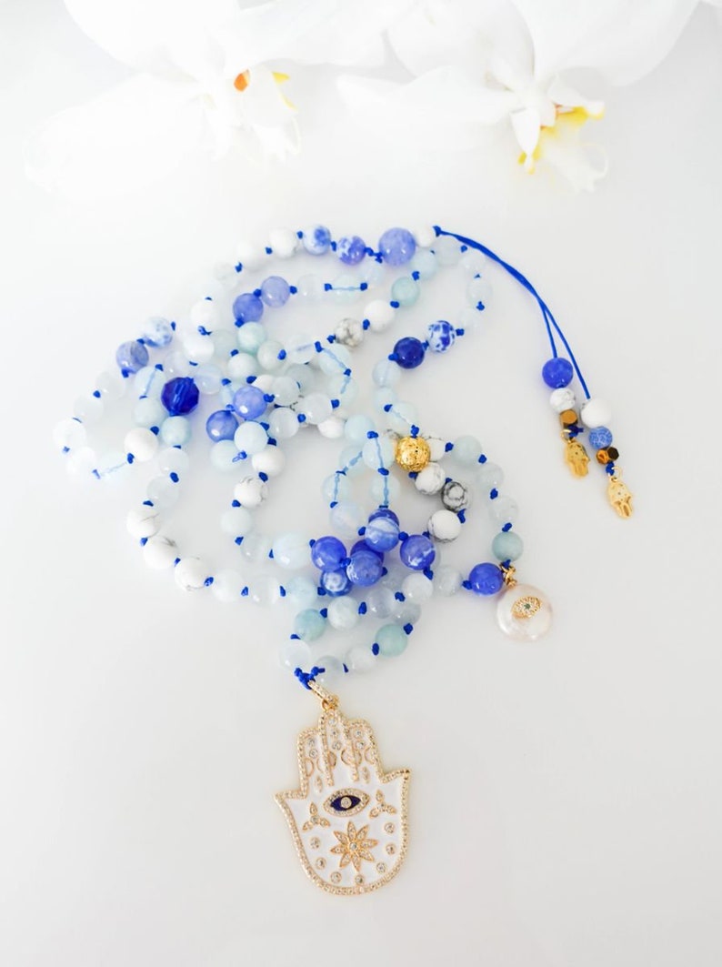 18k Gold 925 sterling silver Women\u2019s Mala necklace 108 Bead Protective Hamsa Evil Eye Unblock your blessings manifest your desires