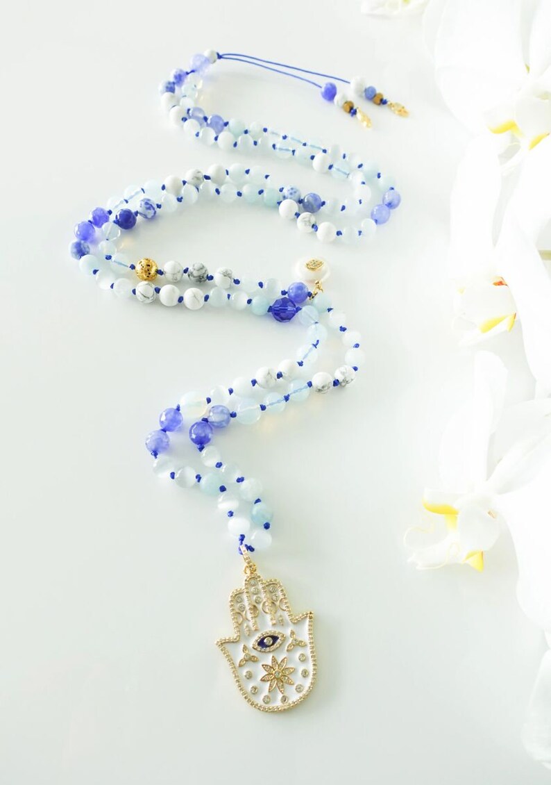 18k Gold 925 sterling silver Women\u2019s Mala necklace 108 Bead Protective Hamsa Evil Eye Unblock your blessings manifest your desires
