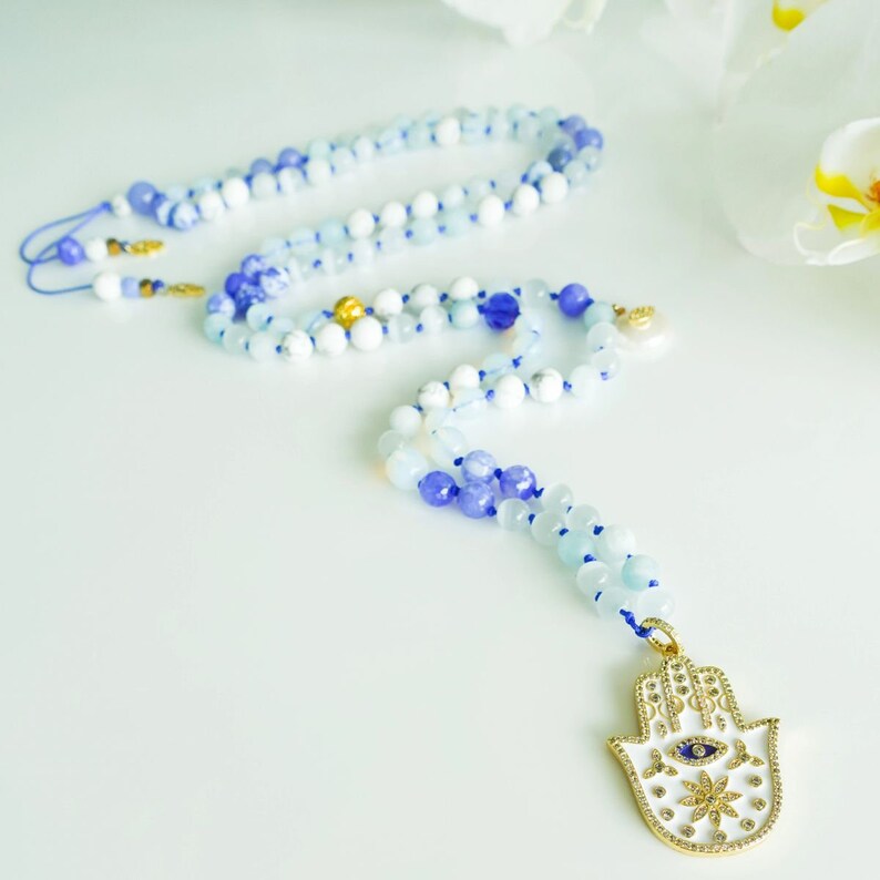 18k Gold 925 sterling silver Women\u2019s Mala necklace 108 Bead Protective Hamsa Evil Eye Unblock your blessings manifest your desires