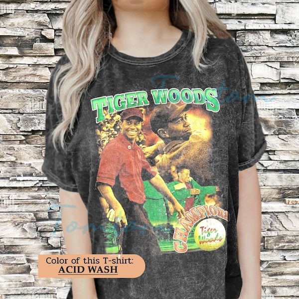 Tiger Woods Vintage Wash Camisa de gran tamaño / The Masters Champion / Camiseta inspirada en Bootleg Rap de los años 90 / Tiger Woods Golf Sport Acid Wash Camisa