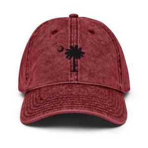 Carolina Palmetto Embroidered Palmetto Tree and Moon Maroon Adjustable Vintage Cotton Twill Cap Hat