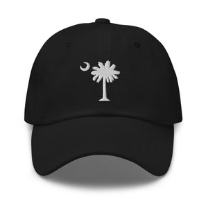 Carolina Palmetto Black Dad Hat with White Embroidered Palmetto Tree and Moon