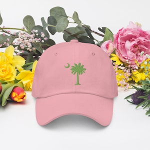 Carolina Palmetto Pink with Embroidered Lime Green Tree Adjustable Strap Dad Hat