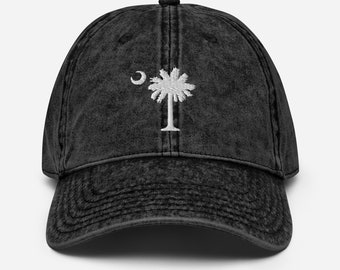 Carolina Palmetto White Embroidered Tree Vintage Style Cotton Twill Cap - Choose from Vintage Navy, Black or Maroon Hat Color