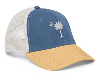 Carolina Palmetto Tree and Moon Embroidered Adjustable Trucker Style Hat Pigment-dyed cap