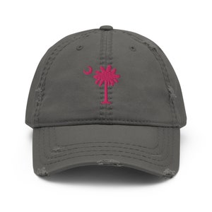 Carolina Palmetto Pink Embroidered Palmetto Tree and Moon Distressed Dad Gray Hat