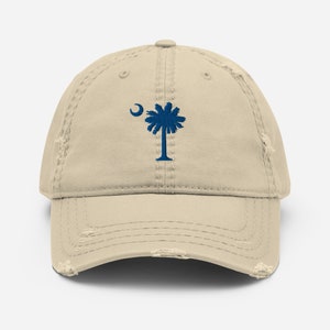 Carolina Palmetto Khaki Distressed Dad Hat with Royal Blue Palmetto Tree