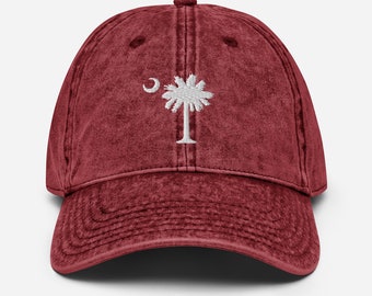 Carolina Palmetto Vintage Style Maroon Cotton Twill Cap with white embroidered Palmetto Tree and Moon