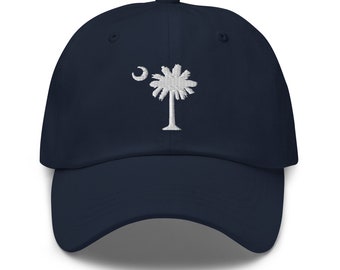 Carolina Palmetto Navy Blue Dad Adjustable Hat with White Embroidered SC Palmetto Tree and Moon