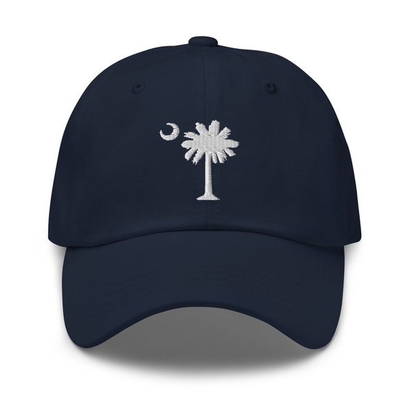 Carolina Palmetto Navy Blue Dad Adjustable Hat with White Embroidered SC Palmetto Tree and Moon
