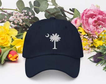 Carolina Palmetto Navy Blue Dad Hat with White Embroidered Palmetto Tree