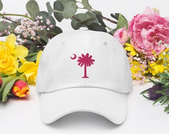 Carolina Palmetto Flamingo Pink Palmetto Tree and Moon - White Dad Hat