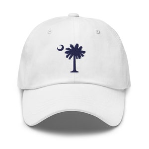 Carolina Palmetto Embroidered Navy Palmetto Tree and Moon on White Dad Hat