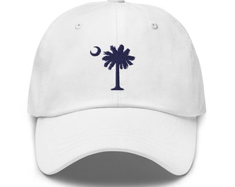 Carolina Palmetto Embroidered Navy Palmetto Tree and Moon on White Dad Hat