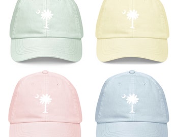 Carolina Palmetto Embroidered Palmetto Tree and Moon on Pastel Blue, Pink, Yellow or Mint Baseball Hat