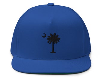 Carolina Palmetto Flat Bill Cap with Embroidered Black Palmetto Tree - Snap Back - Choose your Hat Color