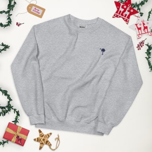 Carolina Palmetto SC Embroidered Navy Blue Palmetto Tree on Gray Unisex Sweatshirt