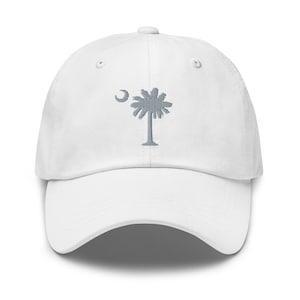 Carolina Palmetto White Embroidered Adjustable Dad Hat with Gray Palmetto Tree