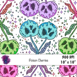 May include: A seamless pattern featuring colorful poison apple cherries with skull faces on a white background with scattered stars. The text "Poison Cherries" is at the bottom of the image. The image is 300 DPI and 10 inches by 10 inches.