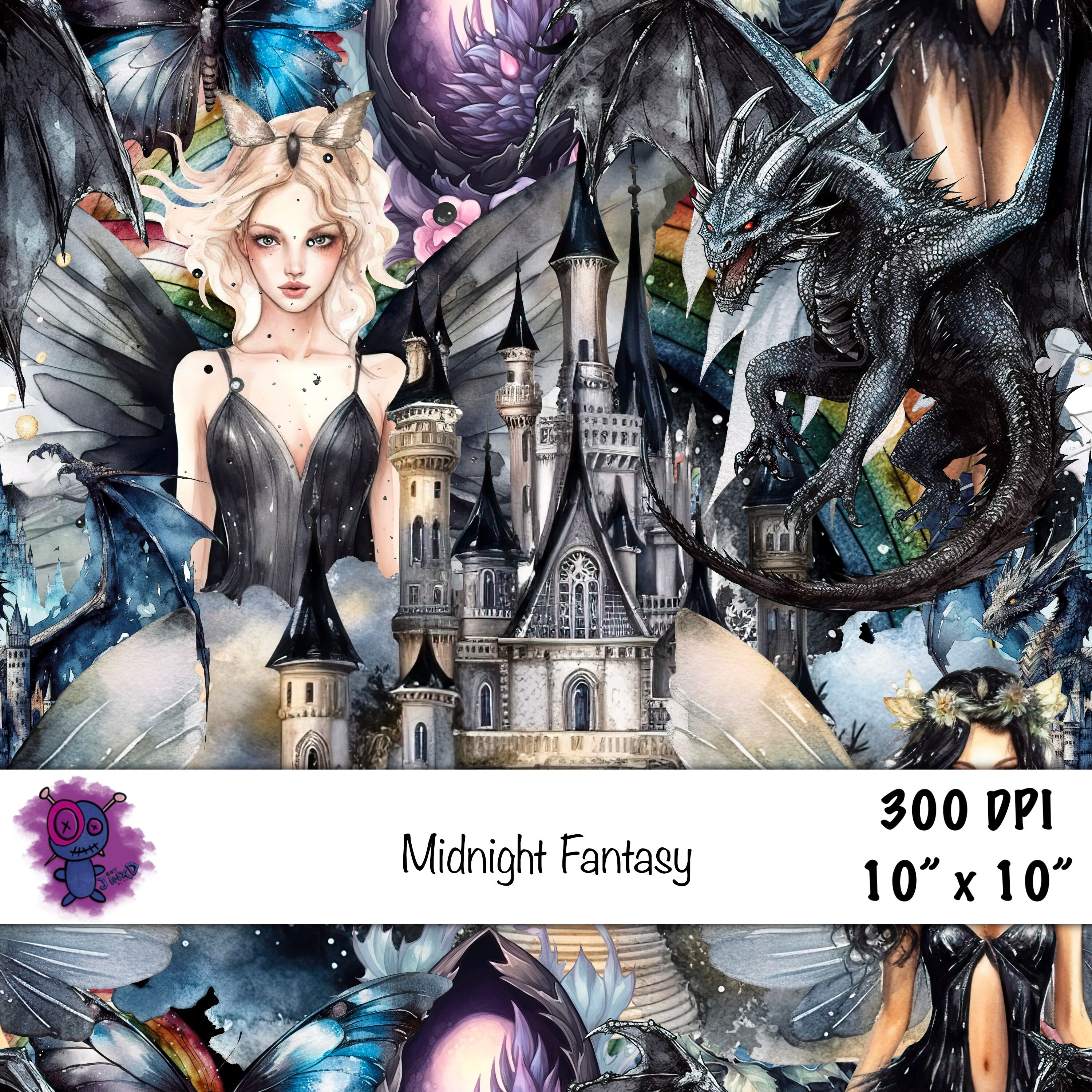 Seamless Digital Pattern Png Paper Mythical Dark Fantasy Dragon Castle ...