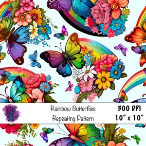 Modello digitale senza soluzione di continuità carta png colorato arcobaleno farfalle e fiori Modello di riempimento scrapbook sublimazione tumbler stampa