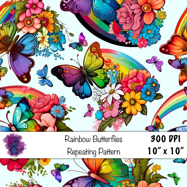 Seamless digital pattern png paper colorful rainbow butterflies and flowers Pattern fill scrapbook sublimation tumbler print