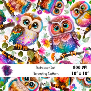 Nahtloses digitales Muster png Papier Regenbogen bunt Eulen Blätter und Blumen Muster füllen Scrapbook Sublimation Tumbler Druck