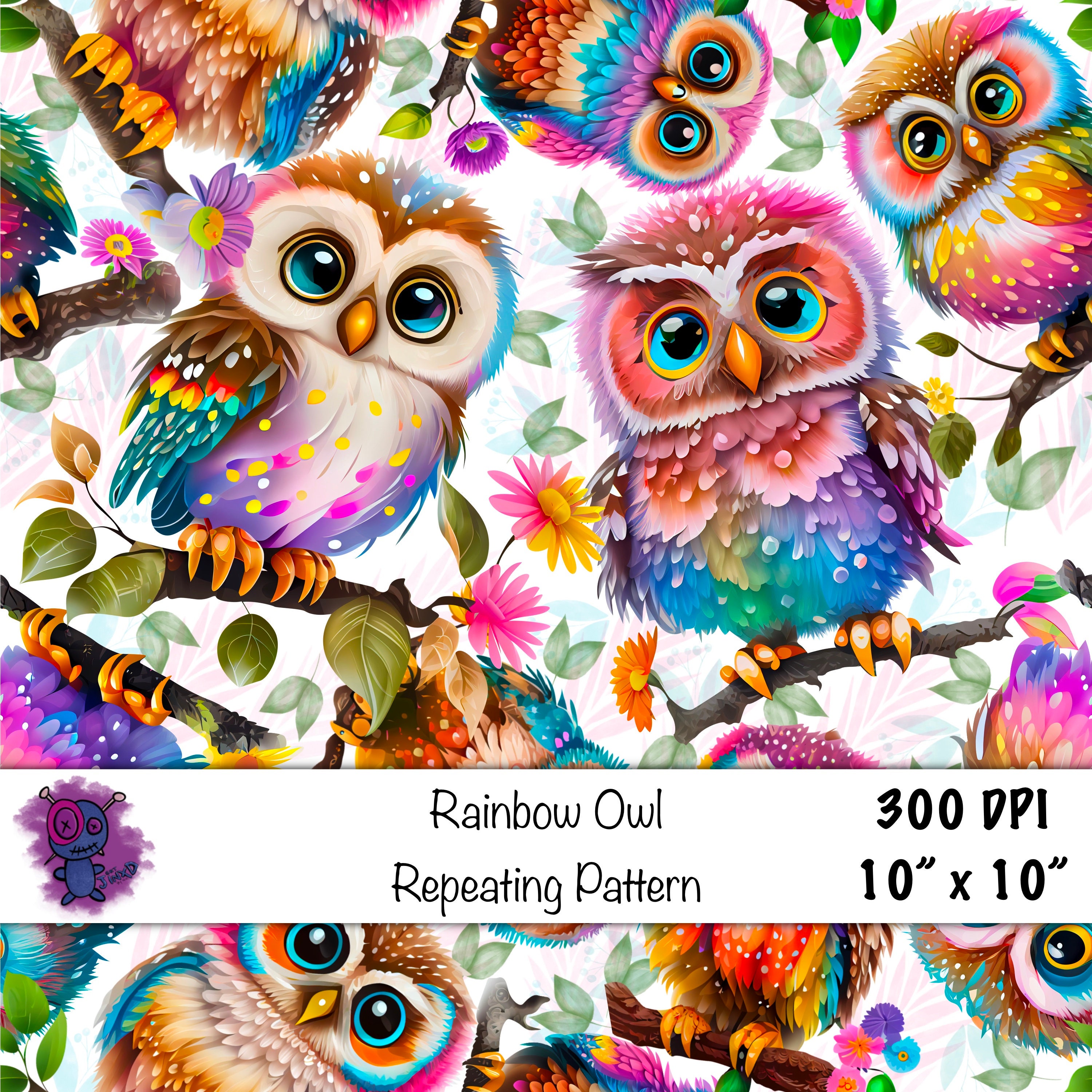 Seamless digital pattern png paper rainbow colorful owl leaves and flowers Pattern fill scrapbook su