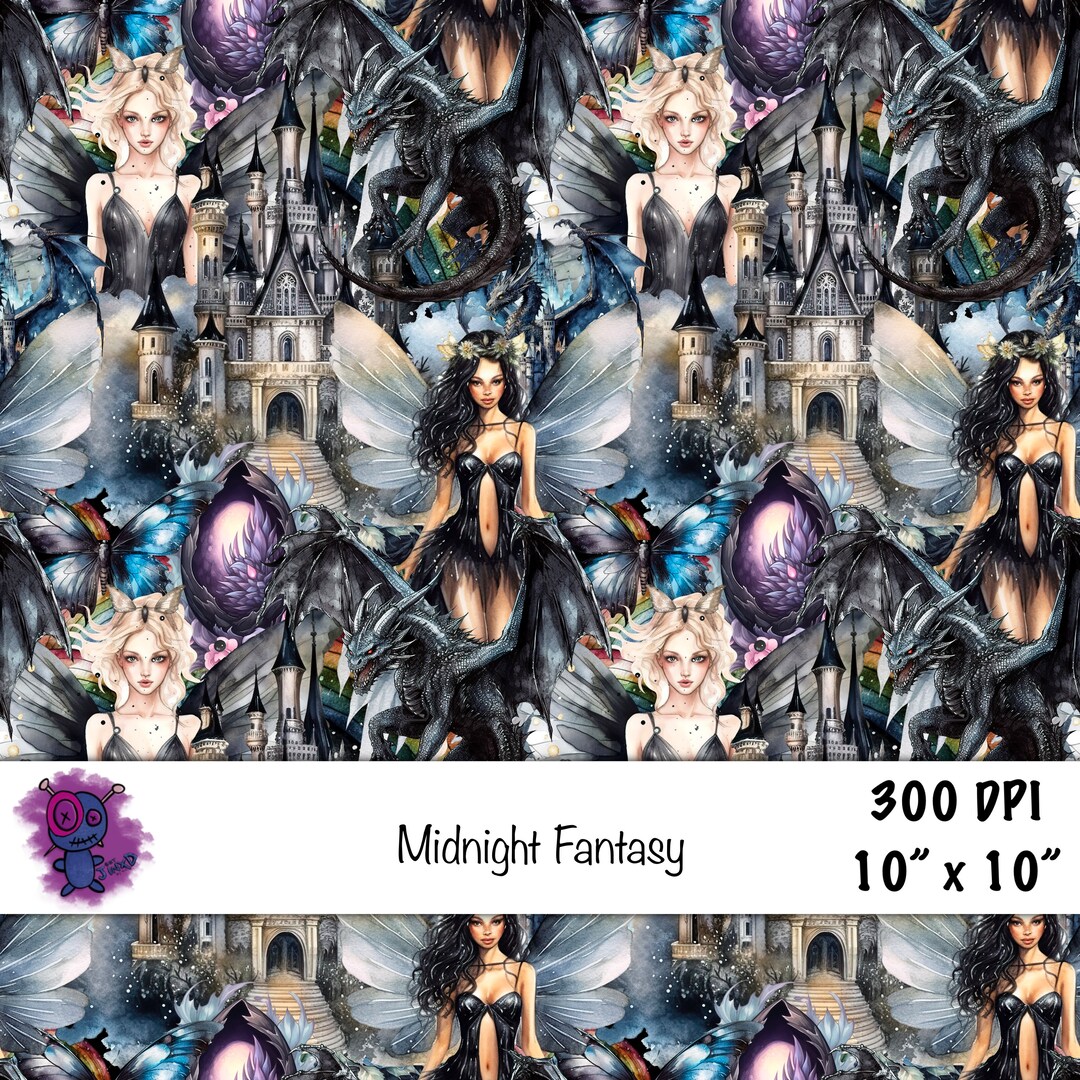 Seamless Digital Pattern Png Paper Mythical Dark Fantasy Dragon Castle ...
