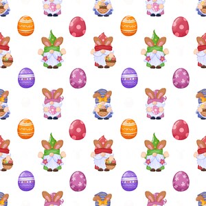 May include: A seamless pattern featuring cartoon gnomes wearing bunny ears and holding baskets of Easter eggs. The gnomes are wearing different coloured hats and have different coloured beards. The background is white with colourful Easter eggs scattered throughout.