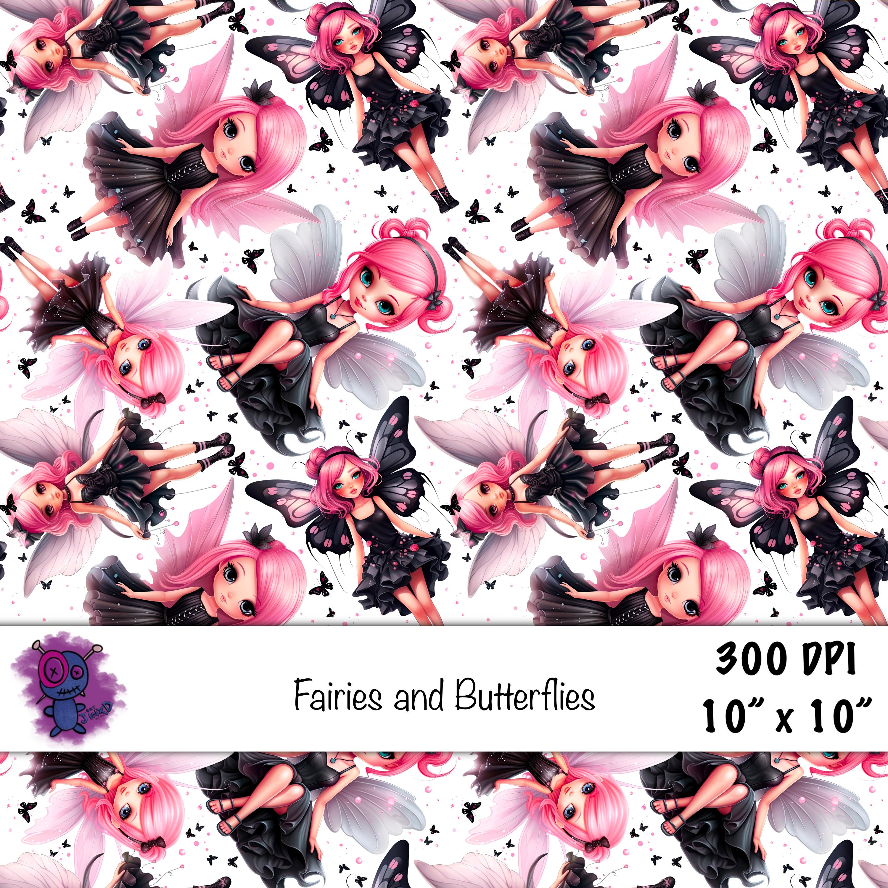 Seamless Digital Pattern Png Paper Mythical Pink and Black Fairies and ...