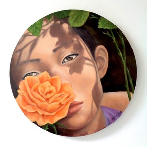 WOMEN IN FLOWERING series - The rose - oil on round canvas 30x30