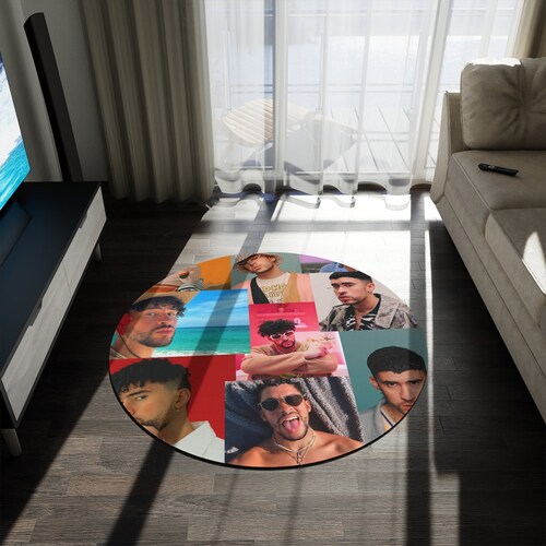 Bad Bunny Photo Collage Round Rug, shops Bad Bunny Fan Home Decor, Bad Bunny Latin Singer Indoor Rug, Round Rug 5'