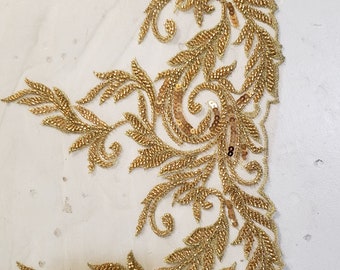 Gold Floral applique trim by the yard. Beaded floral trim by the yard