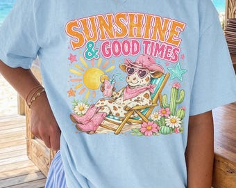 Design colorato estivo PNG stile retrò mucca per maglietta stile cowgirl preppy sublimazione