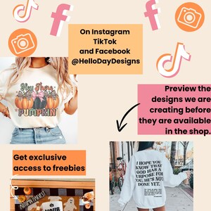 May include: Promotional image with text: "Follow us on Social" and social media icons. Features t-shirts with pumpkin and inspirational text designs. Also includes a doormat and a mug with customizable design options.