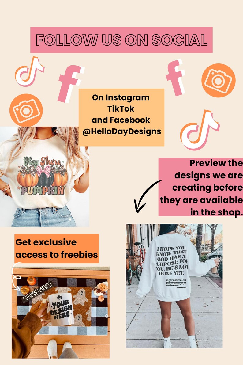May include: Promotional image with text: "Follow us on Social" and social media icons. Features t-shirts with pumpkin and inspirational text designs. Also includes a doormat and a mug with customizable design options.