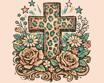 Croce occidentale PNG, disegno leopardo floreale rodeo (download digitale)
